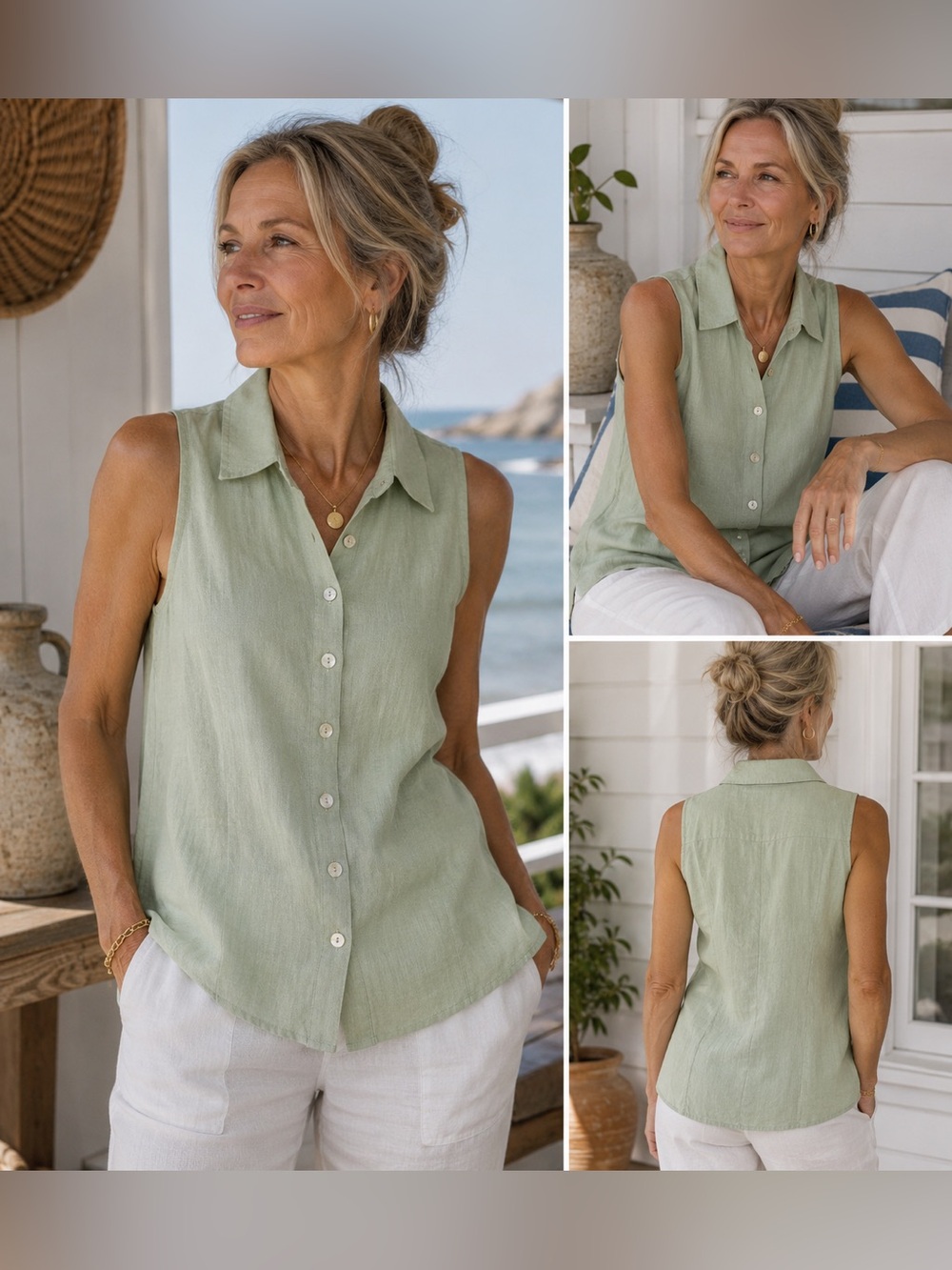 Willi Smith Sage Green 100% Linen Sleeveless Button Front Blouse Size 4